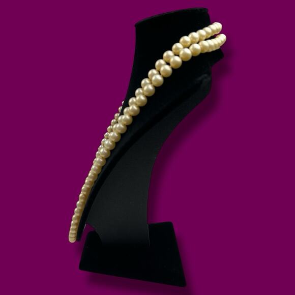 Vintage 1950s Double Strand Faux Pearl Necklace Rhinestone Flower Clasp 20 & 24” - Picture 2 of 7